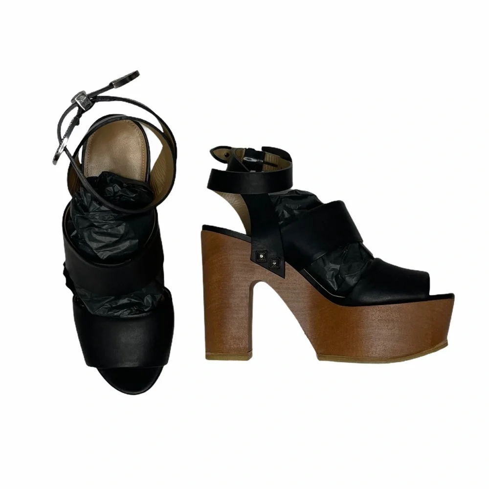 NEW Sonia Rykiel Black Leather/Wood Platforms 38